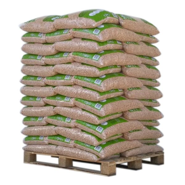 PELLET DIN PELLETS, certifiés DIN Plus et 100% résineux.– PALETTE DE 65 SACS DE 15 KG